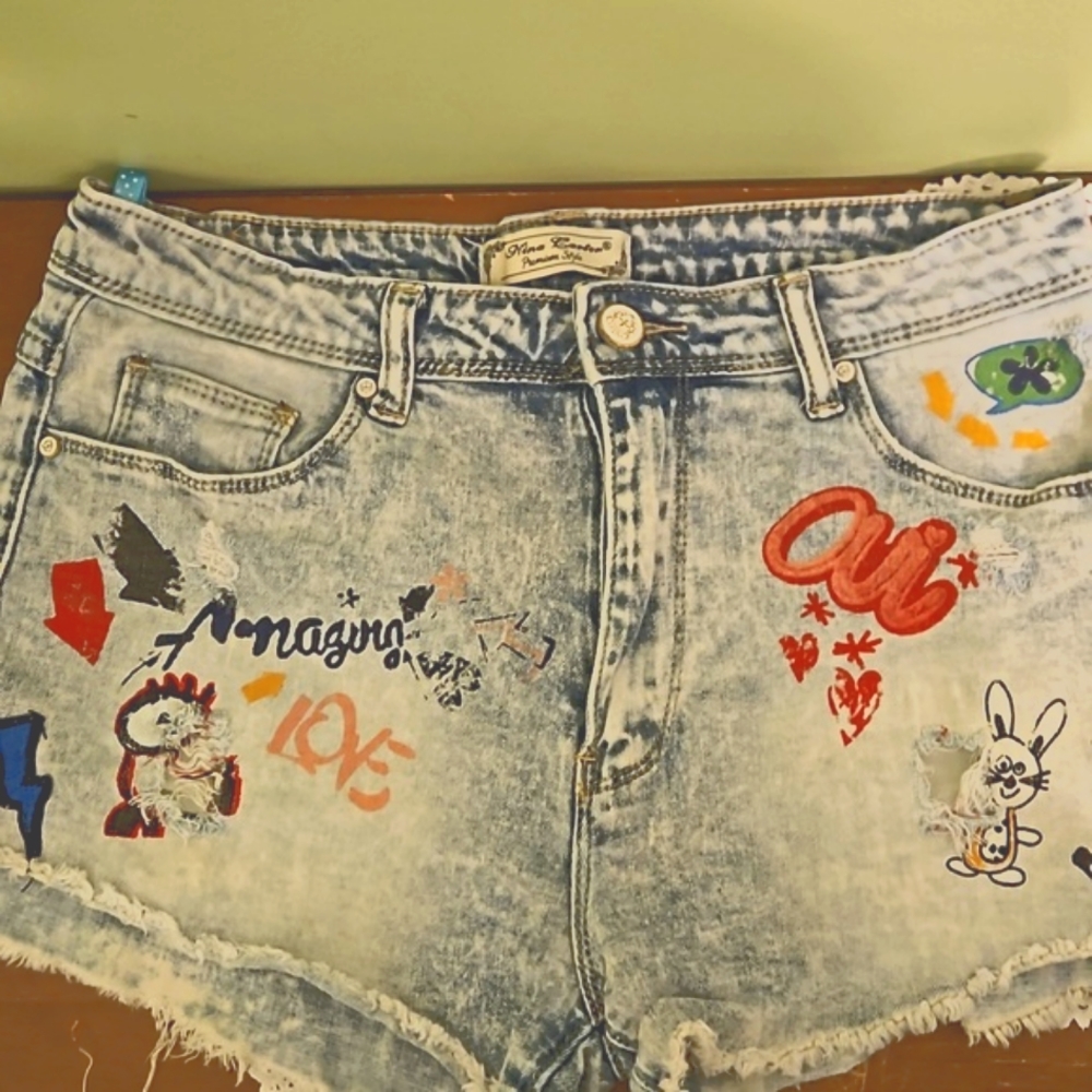 Denim Y2K Distressed Graffiti Shorts Zara? Sz L